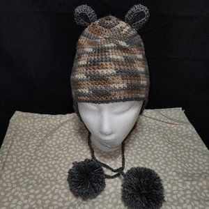 NWT Women's Hand-Crafted Bear Ear Hat with Large Pom Poms